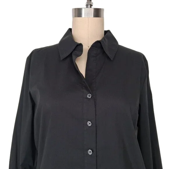 Tahari Black Button Front Shirt French Cuffs Pick Stitch Tailored Stretch SZ M - Picture 2 of 13